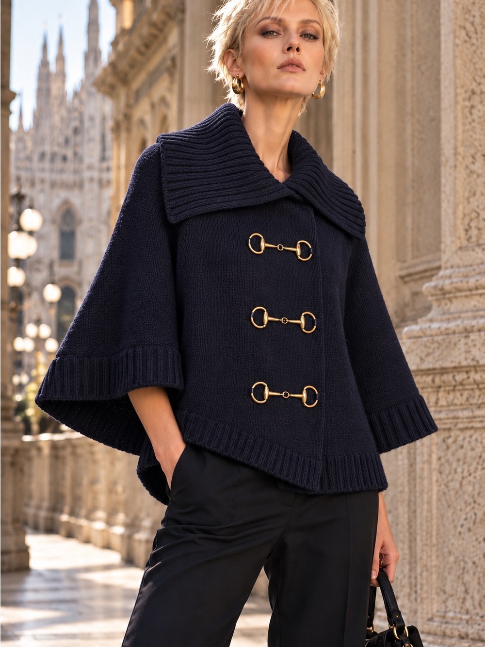 Julie Brown Horsebit Cape Navy Knit Poncho Sweater Equestrian S Autumn Fall